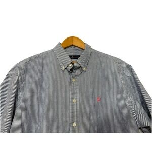 Ralph Lauren Untucked Fit Navy White Stripe Seersucker Shirt XL Pink Pony Polo